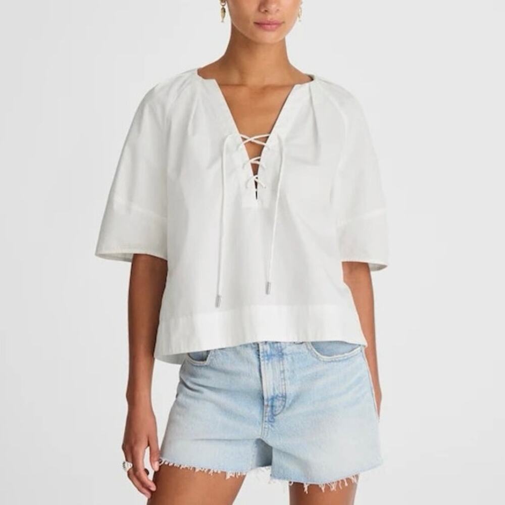NWT Madewell Cotton Poplin Pleated Lace-Up Balloon Sleeve Top In White Medium